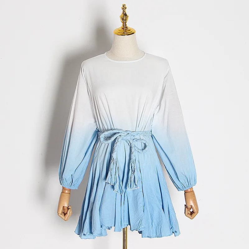 

Holiday Style Summer New Fashion Round Neck Bubble Sleeve Lace Up Waist Loose Short Dress Printing and Dyeing Pink Lovely Dress