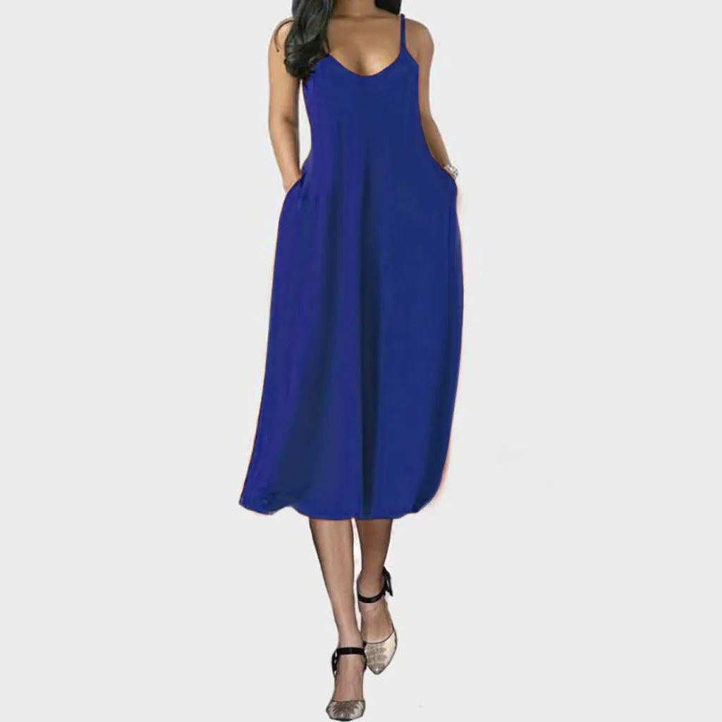 

Fashion Women Sexy Plus Size Solid Sleeveless O-neck Pockets Camisole Dress Robe Femme Vestidos De Mujer 2021