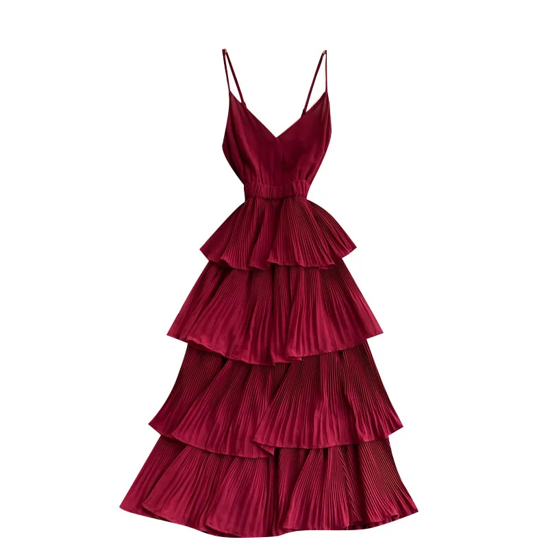 

2021 New Summer Women Beach Holiday Dress Sexy V-Neck Spaghetti Strap Backless Pleated Cake Hem Long Dress