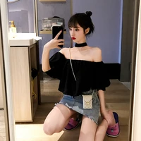 2022 fashion sexy halter off shoulder casual blouse women chiffon shirt top strapless solid color short sleeve crop tops y592