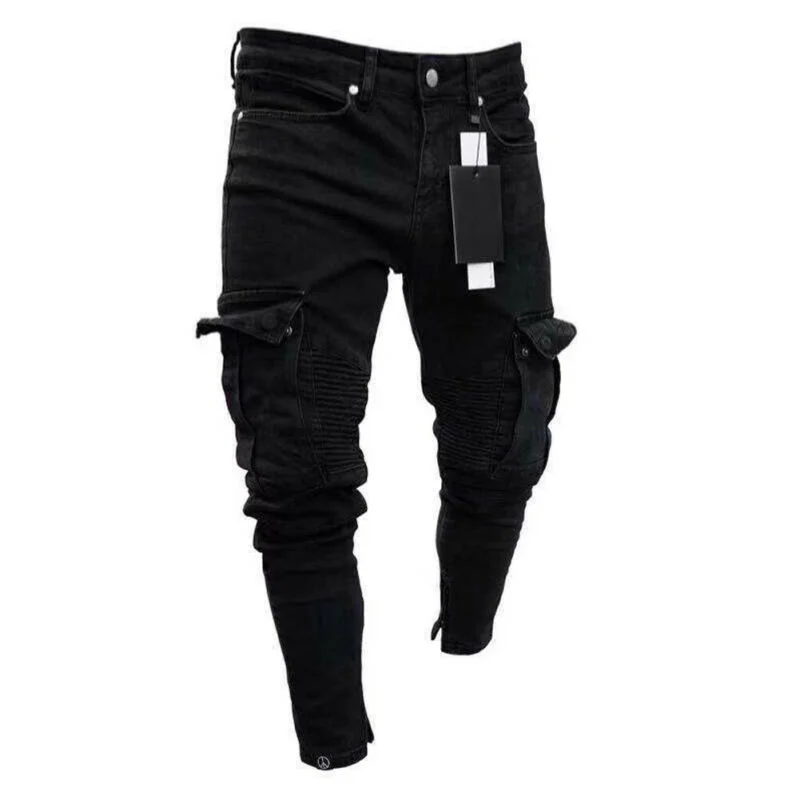 

SHZQ Fashion Black Jean Men Denim Skinny Biker Jeans Destroyed Frayed Slim Fit Pocket Cargo Pencil Pants Plus Size S-3xl Fashion