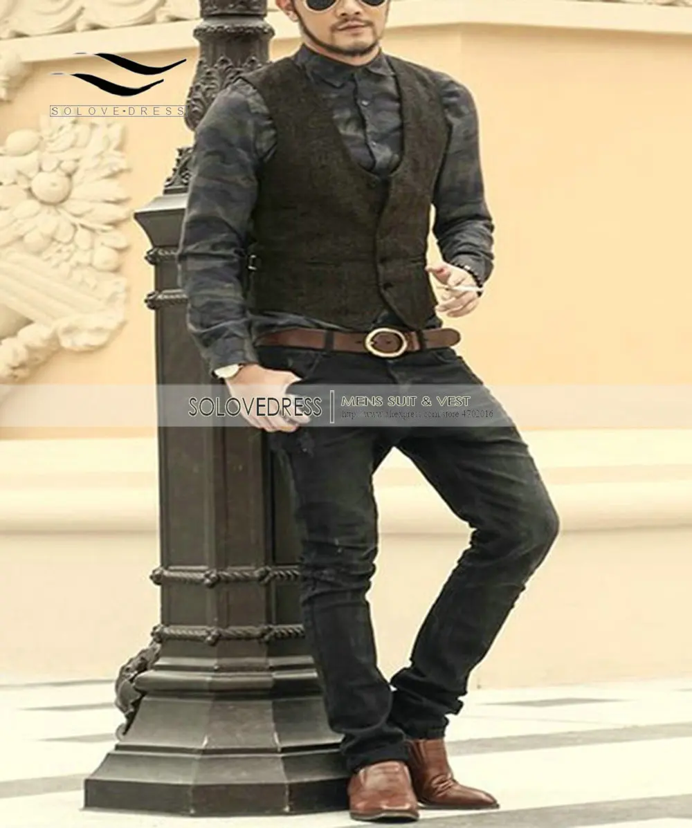Серый мужской костюм жилет Slim Fit елочка твид U шеи для свадьбы женихов мужчин s