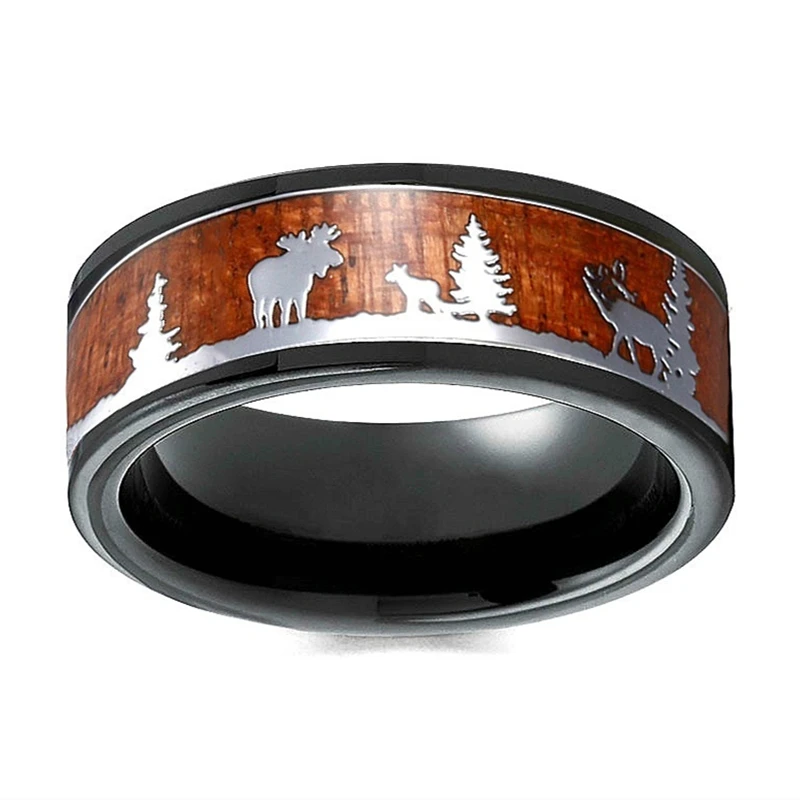 

FDLK Black Tungsten Hunting Ring Wedding Band Wood Inlay Deer Stag Silhouette Ring