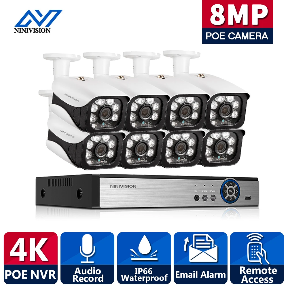 

4K H.265+ 8CH 8MP POE Security Camera System Kit Audio Record Rj45 IP Camera Outdoor Waterproof CCTV Video Surveillance NVR Set