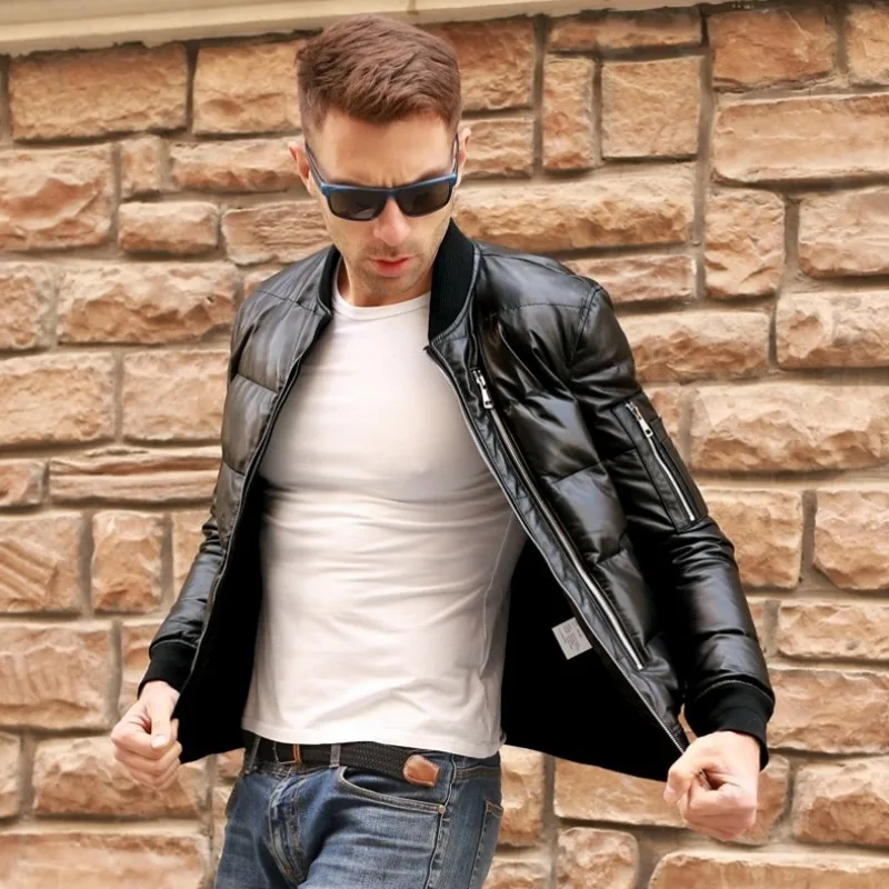 Men Winter Warm Black Genuine Leather Duck Down Flight Jackets Coats Large Size Real Sheepskin Bomber Aviation | Мужская одежда