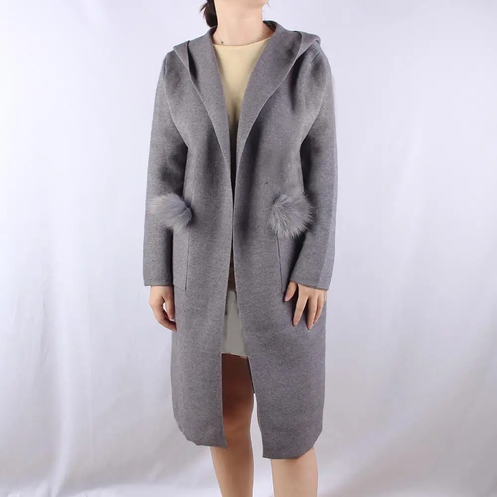 Длинный кардиган из лисьего меха женский свитер повседневное осеннее вязаное