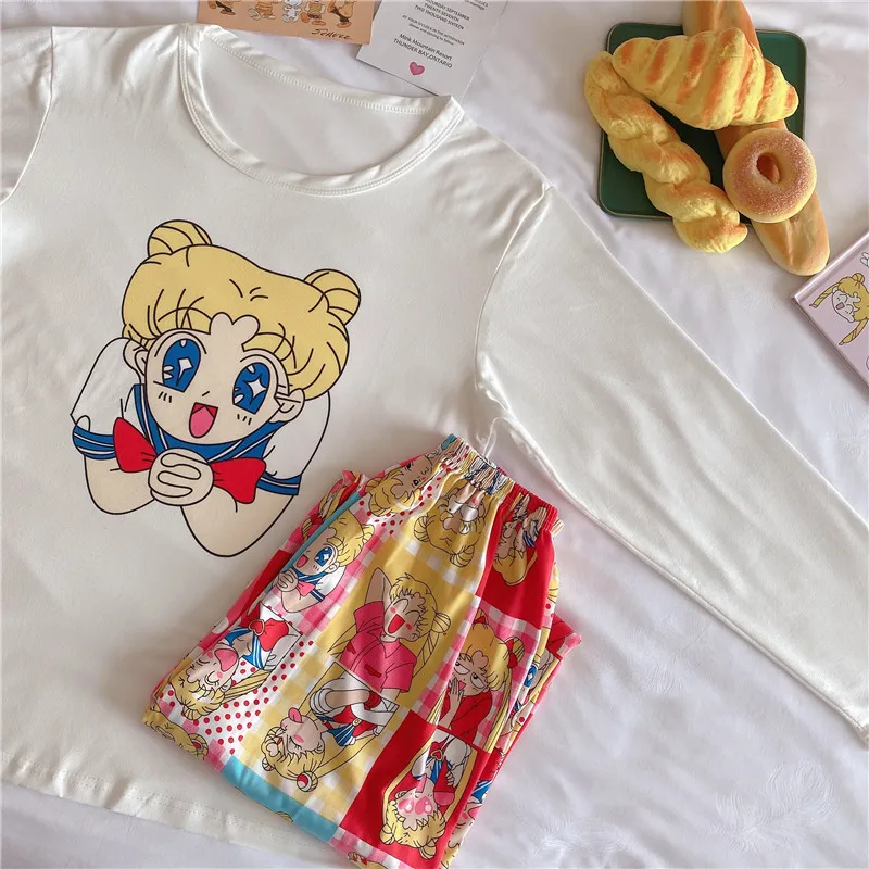 

Cute Sailor Moon Print Women Pajamas Sets Spring And Autumn Long Sleeve Cotton Sleepwear Cute Big Girls Pijama Female Homewear