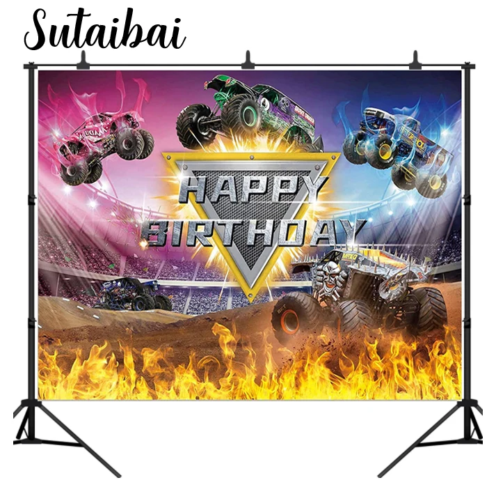 Monster Truck Themed Birthday Party Backdrop Racing Cars Racing Arena Burning Flame Photography Background for Baby Boy Banner