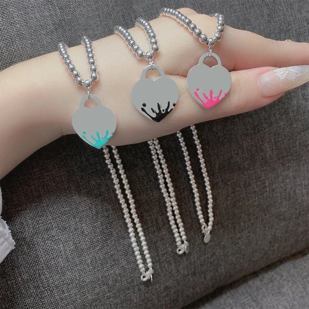 

925 sterling silver ladies necklace enamel heart pendant bead chain sweater chain gift fashion classic accessories