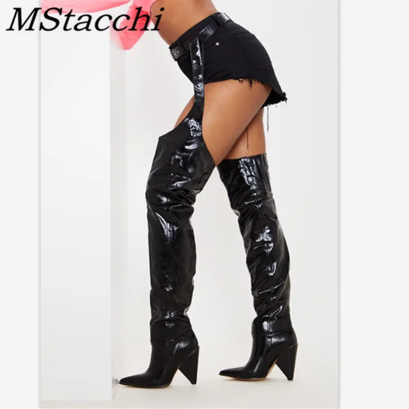

MStacchi Women Thigh High Boots Sexy Strange Heels Shoes Connect the belt onlymaker high heels Party Shoes Fashion High boots