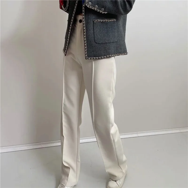 

Women Pink High Waist Pants Fashion Office Female Trousers 2021 Chic Classic Straight Pants Button Up Black Loose Trouse