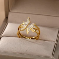 zircon maple leaf open rings for women stainless steel gold ring geometric double ring hip hop punk hemp leaf rings jewelry