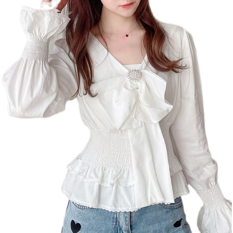

COIGARSAM Loose blouse women New Summer Spring Bow Puff Sleeve blusas womens tops and blouses White 6001