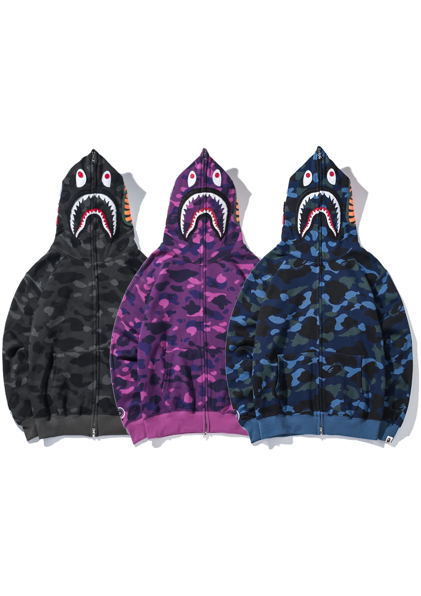 

Классическая вышитая камуфляжная хлопковая куртка на молнии Shark BAPE Head (тонкий махровый материал) синего, фиолетового, серого цветов