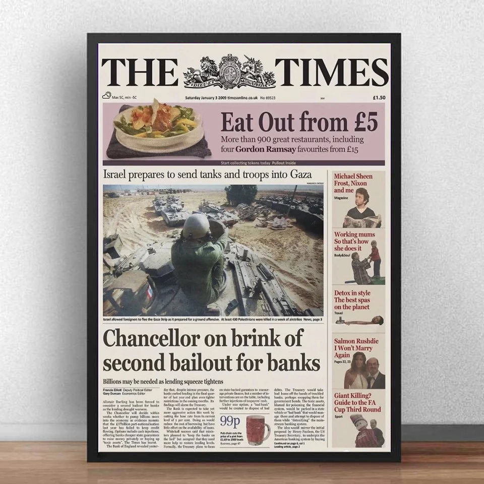 The Times 03/январь/2009 канцлер Bailout криптовалюты винтажный декоративный постер Холст