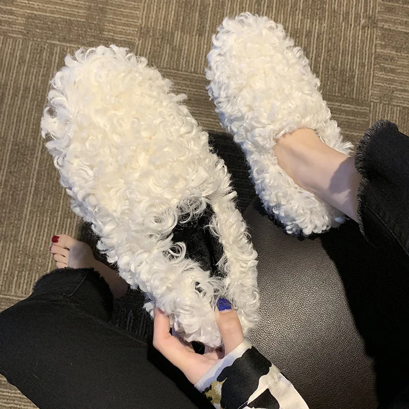 Зимние женские туфли на плоской подошве из овечьей шерсти без застежки удобные