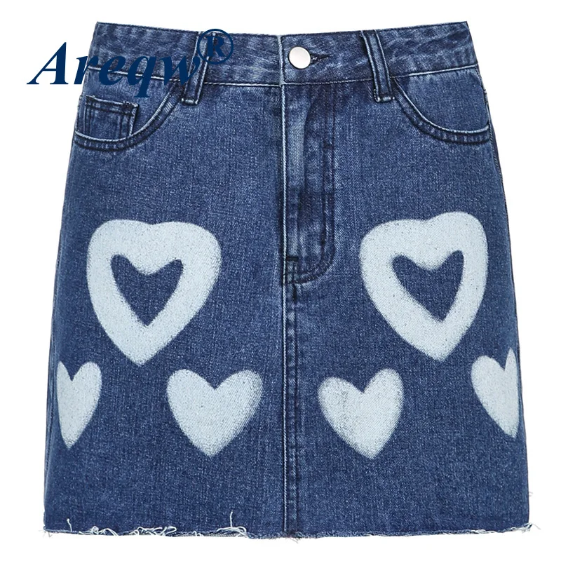 

Love Denim Skirt Women 2021 New Women's Skirt Girls Fashion Raw Edge Printed A-line Skirt Casual Short Skirt