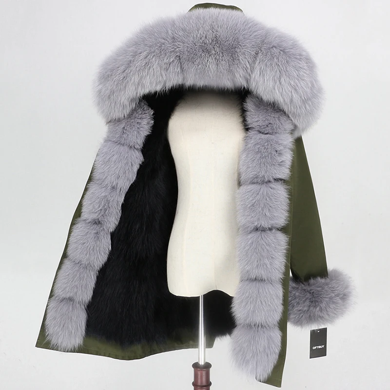 green black grey OFTBUY Водонепроницаемый верхняя одежда с натуральным мехом пальто Длинная парка зимняя куртка Для женщин с натуральным лисьим мехом на капюшоне уличная Съемная бренд - Цвет: green black grey