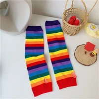 women girl harajuku elbow length fingerless arm sleeve warmer rainbow colored striped knitted sunscreen halloween costume gloves