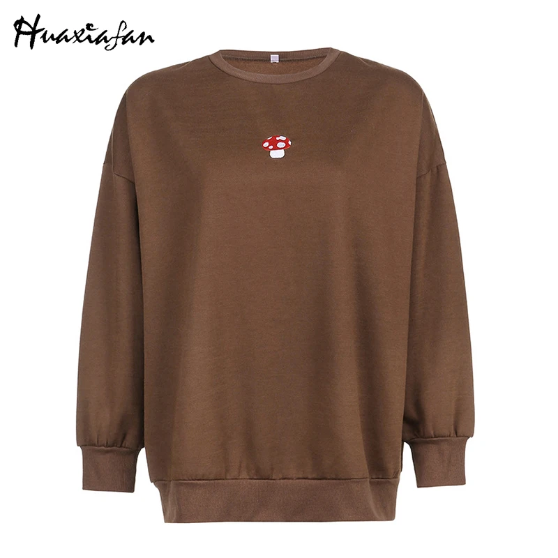 

Huaxiafan Chic Mushroom Embroidery Hoodies Women No Hat Long Sleeve Casual Sweater T-shirts Pullovers Tops Female 2021 Autumn