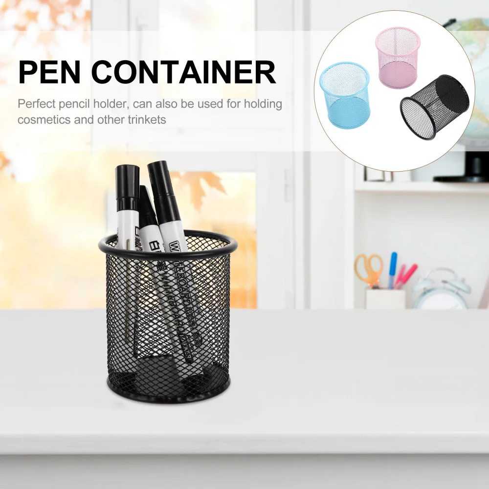 

3pcs Pen Pots Iron Wire Mesh Pen Cup Cylindrical Pen Stationery Pots