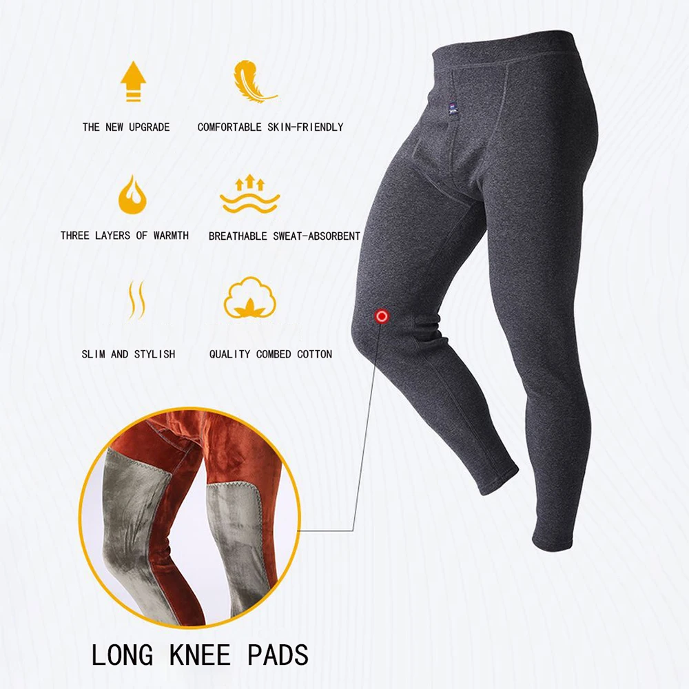 Men Thermal Underwear Pants Plus Velvet Padded Winter Warm Tights Pants Knee Pads Cotton Pants Male Cold Leggings Long Johns