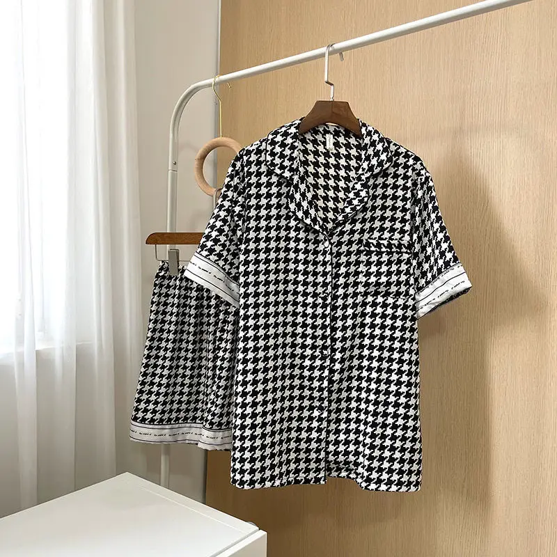 

Pajama Set Women 12 Color Summer Nightwear Soft Simple Student Elegant Turn-down Collar Print Fashion Korean Style Sweet Lounge