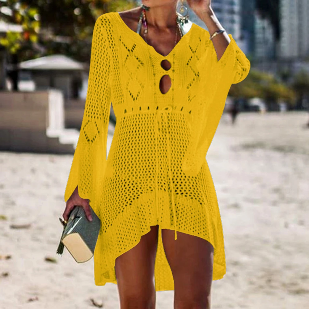 Beach Dress Cover Up Crochet Knitted Tassel Tie Beachwear Tunic Long Pareos Summer Swimsuit Sexy | Женская одежда