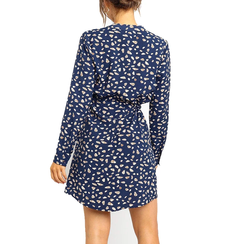 Vintage Chiffon Dress Long Sleeve Bob Style Party V Neck Dot Drawstring A-line Women Office Elegant Clubwear | Женская одежда