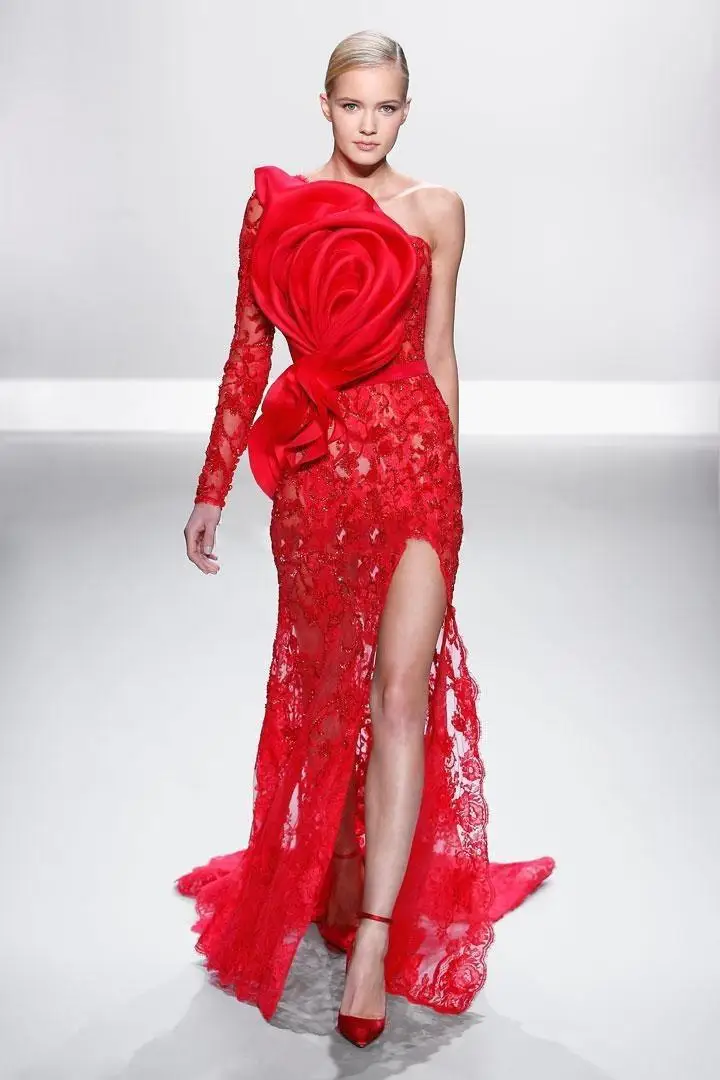 

vestido de festa longo robe de soiree red lace evening dresses 2019 one shoulder Formal women elegant long sleeve evening dress