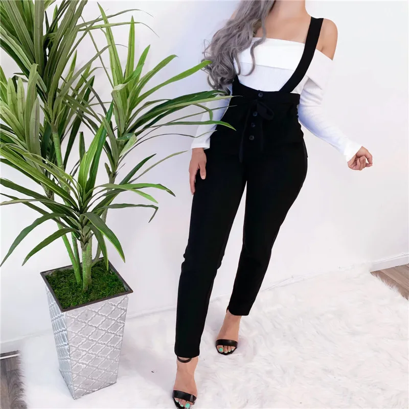 

Streetwear Spring Autumn Rompers Pants Women 2019 Korean Style Casual Black Elastic Waist Suspender Jumspuit Trousers Overalls
