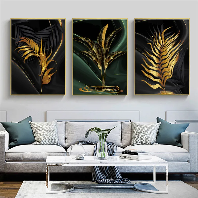 

Dropship Nordic Green Modern Gold Leaves Fashion Style Canvas Painting Print Art Poster Picture For Wall Living Room Home Decor