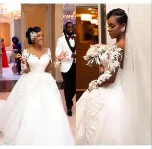 African Elegant Bride Mermaid Wedding Dresses 2022 Sheer Long Sleeve Lace Applique Bridal Gowns Button Back Vestidos de novia