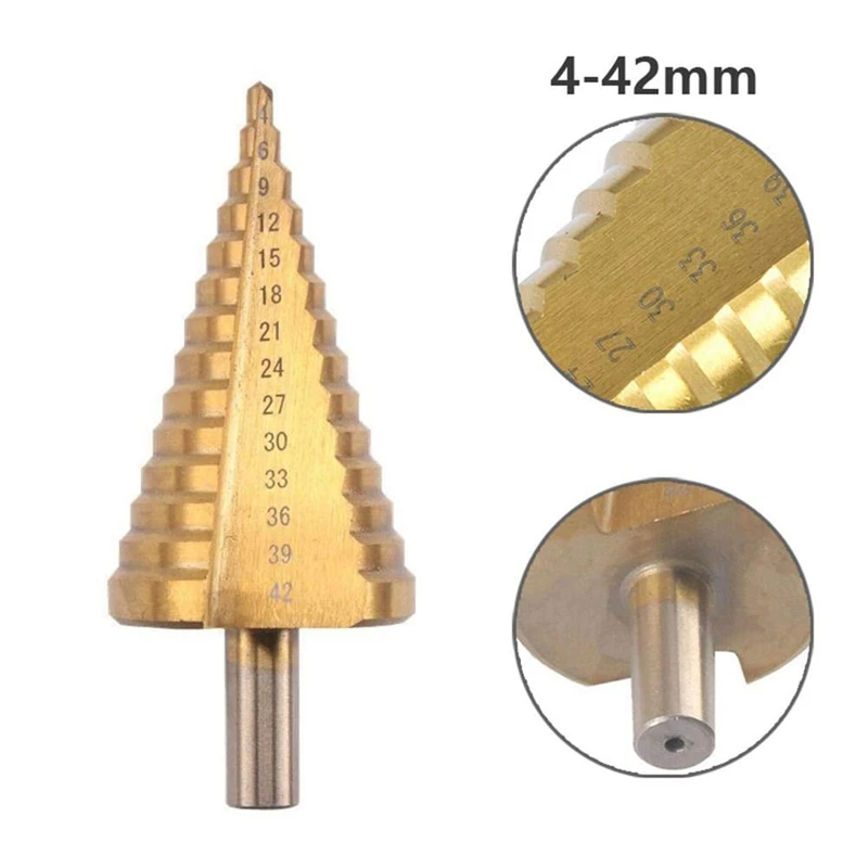 

HSS Step Cone Drill Bit - 4-42Mm 14 Sizes Round Shank Hole Cutter Tool High Speed Steel