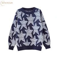 casual plus size womens sweater fallwinter pullover new loose fashion five pointed star print round neck lazy style sweater