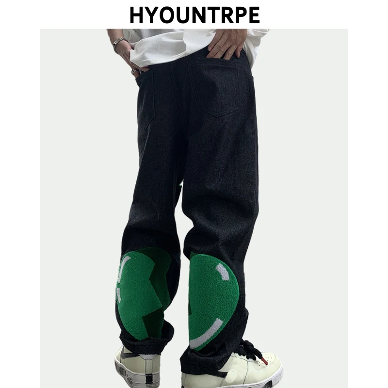 

Джинсы мужские прямые с графической вышивкой, модные брюки из денима в стиле пэчворк, Повседневная Уличная одежда в стиле хип-хоп, джоггеры