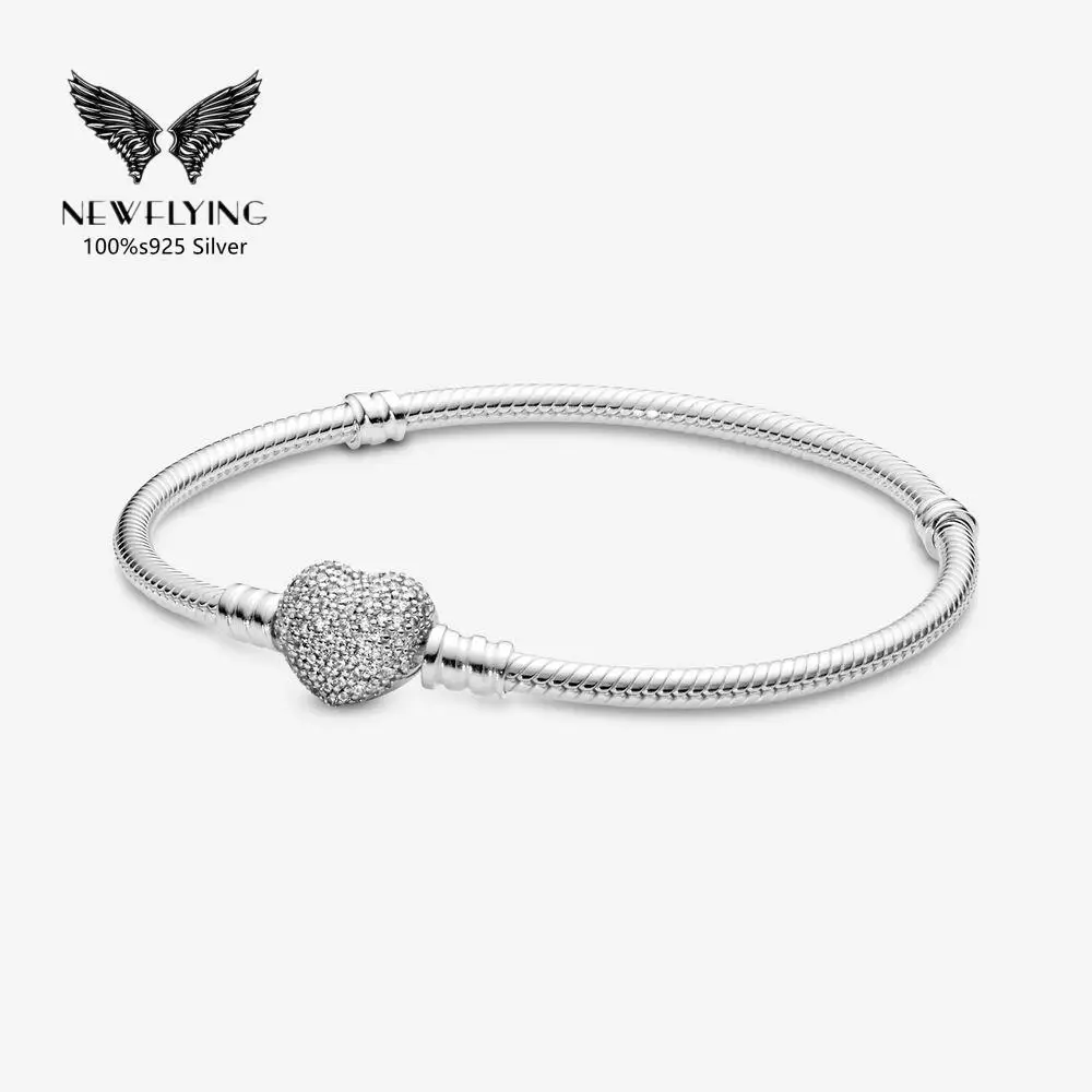

PAN* Moments Sparkling Heart Clasp Snake Chain Bracelet S925 Silver Plated Bracelet for charms Diy individual style of Jewelry