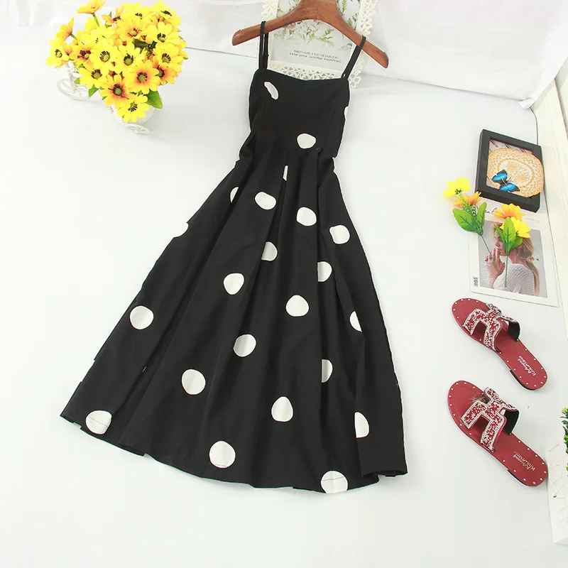 Women Polka Dot Chiffon Long Dress Sexy Spaghetti Strap Backless Vintage Party Female High Waist Elegant Dresses | Женская одежда