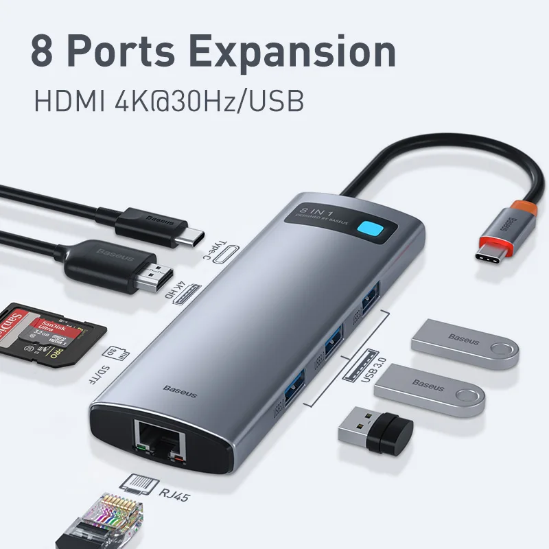 

New Baseus USB C HUB Type C to HDMI-compatible USB 3.0 Adapter 8 in 1 Type C HUB Dock for MacBook Pro Air USB C Splitter