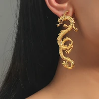 punk gold tone firery dragon stud earrings for women female unique chic metal dragon statement earrings jewelry femme bijoux