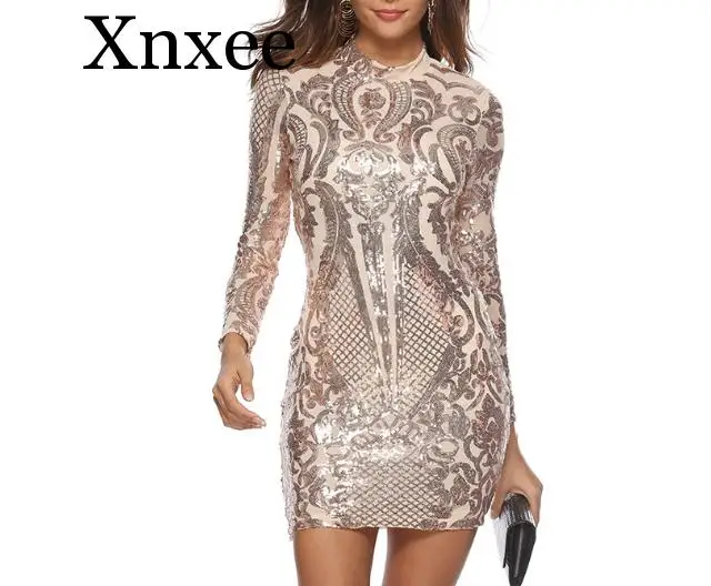 Серебряные блестящие облегающее платье с длинным рукавом Для женщин блесток