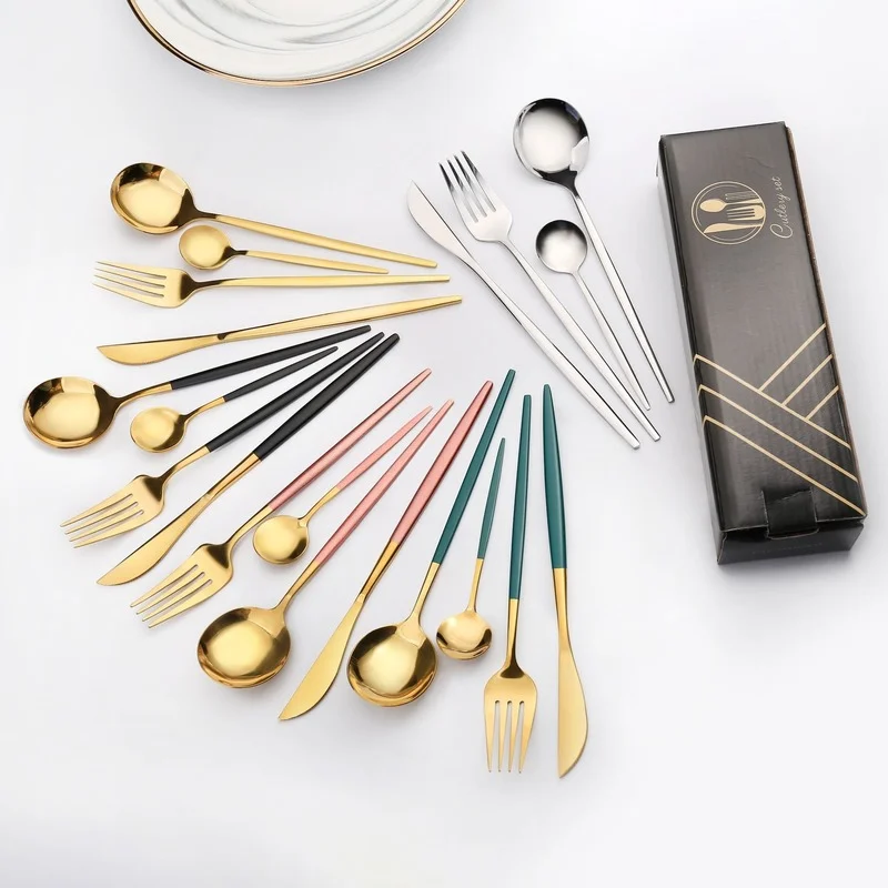 

24Pcs Dinnerware Set Steak Knife Spoon Fork Teaspoon Stainless Steel Multiple Colour Utensils Restaurant Western Food Tableware