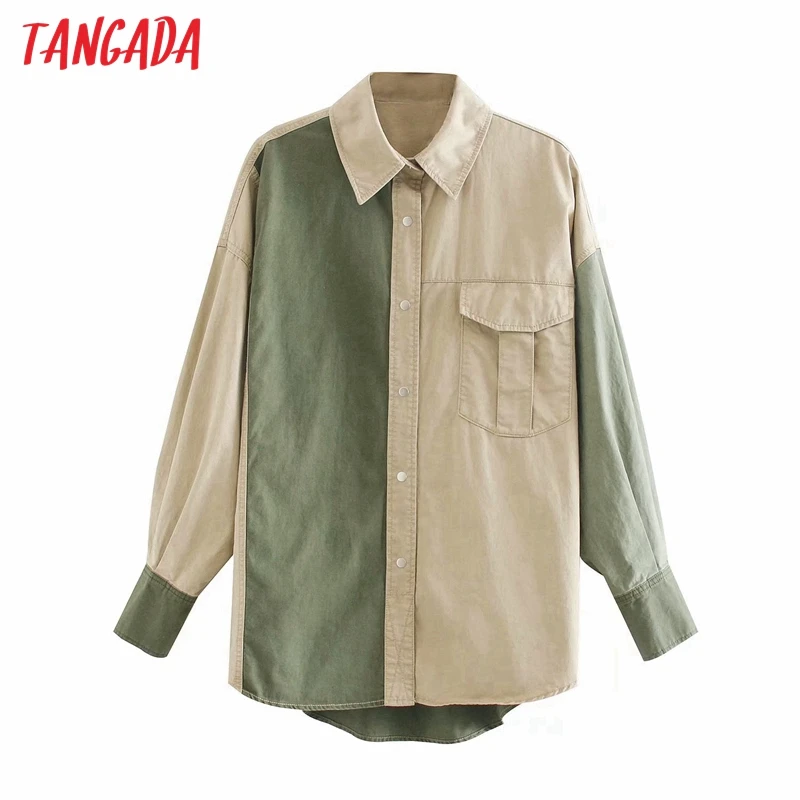 

Tangada 2020 Autumn Women Color Block Cotton Coats Jacket Loose Long sleeves female boyfriend style coat 4M206