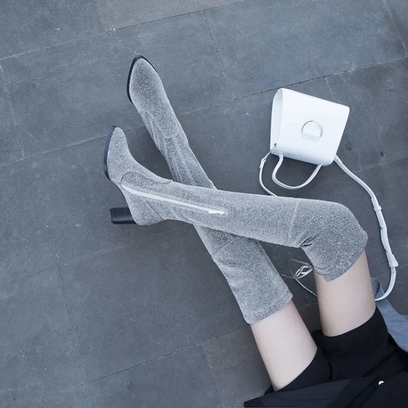 US4-11 женские сапоги выше колена с острым носком украшенные блестками на массивном