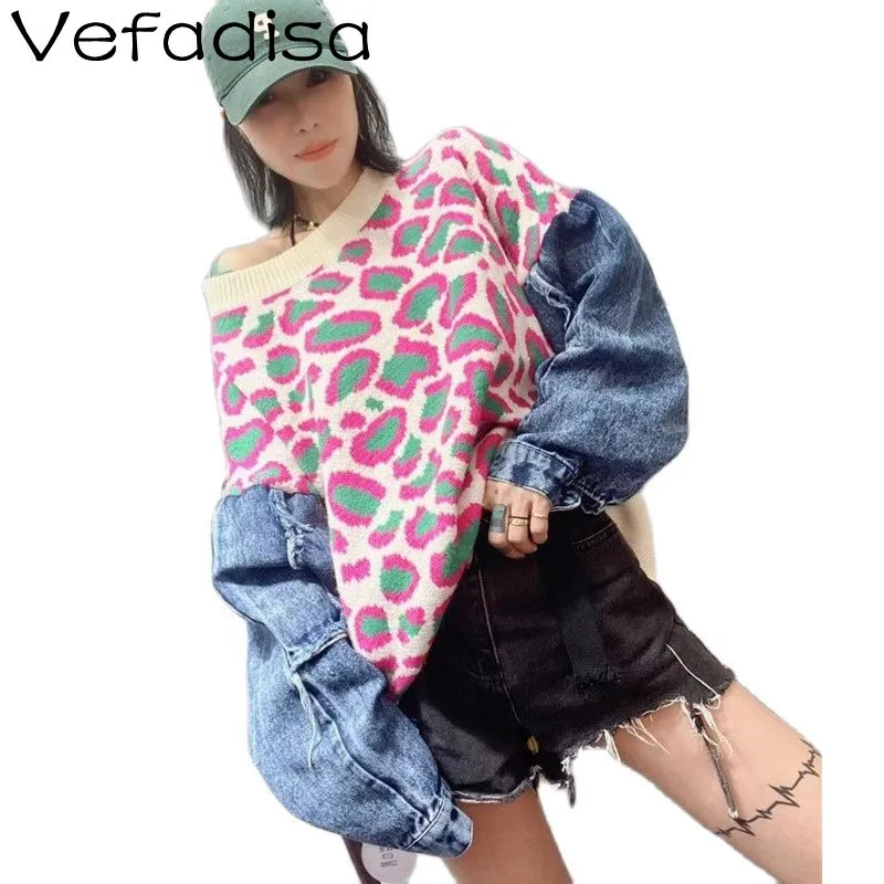 

Vefadisa 2021 Autumn New Women Clothing Fashion Contrast Stitching Denim Sleeve Round Neck Sweater Loose Pullover Sweater TT357