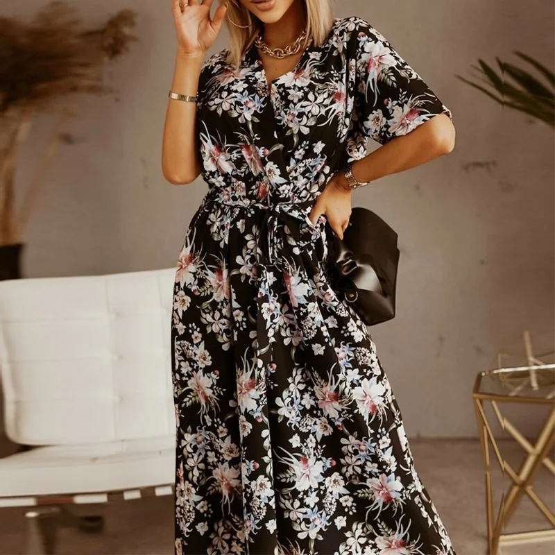 

Women Elegant Vintage Floral Print Boho Long Dress Fashion Sexy Bandage Belt Party Dress Female V Neck Short Sleeve Beach Dress