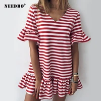 needbo summer dresses large size casual flare sleeve party short mini dresses ruffles sexy stripe dress women elegant vestidos