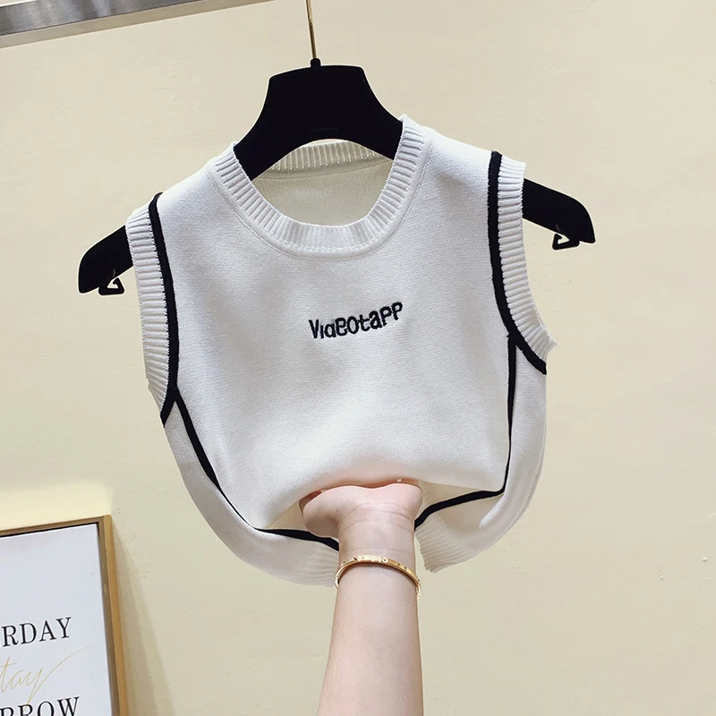 

LVOWE 2021 New Knitted Camisole Women's Slim High Waist Thin Sweater Sleeveless Jacket Embroidered Ins Fashion Tailoring