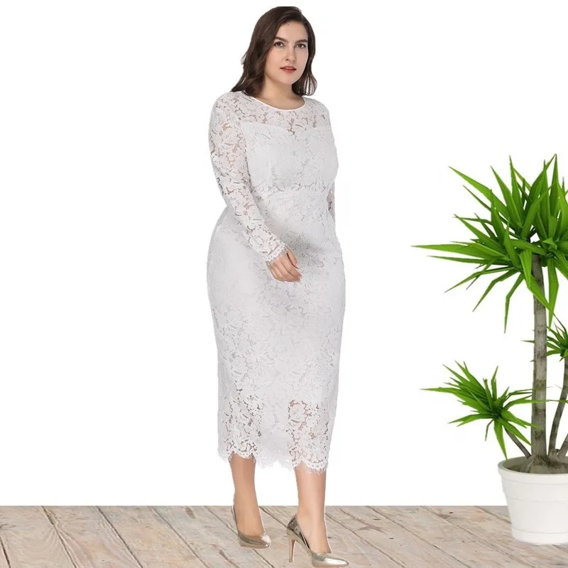 Women Lace Party Dress Plus Size 5XL 6XL 2021 O-neck Transparent Long Sleeve Mid-Length Bodycon Club Prom 4XL Cocktail Gowns