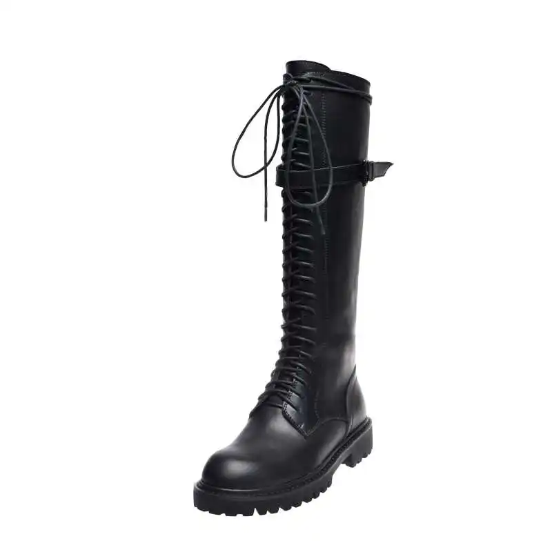 Jual Lenkisen Gaya Eropa Tampan Kulit Sapi Knight Boots Renda Up Hitam Warna Putaran Kaki Fashion Wanita Hangat Paha Tinggi Sepatu Bot L68